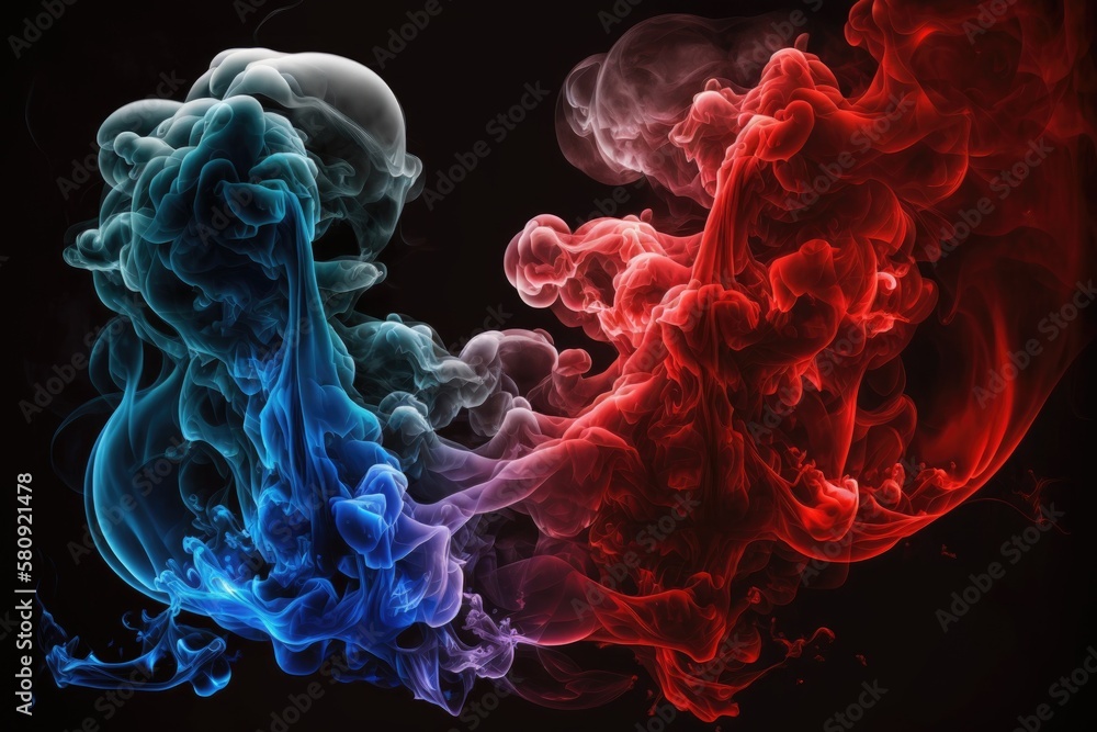 Red and blue smoke. Generative AI