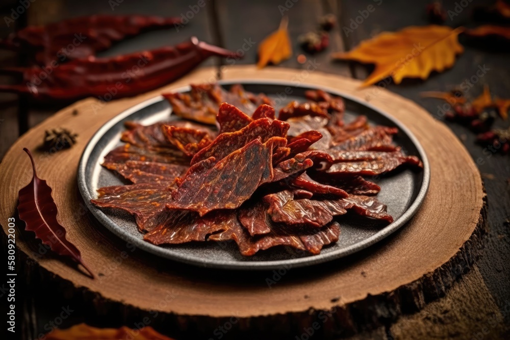 pork jerky or basturma in slices. Dried meat on a dish with beef jerky. Armenian cuisine. Generative