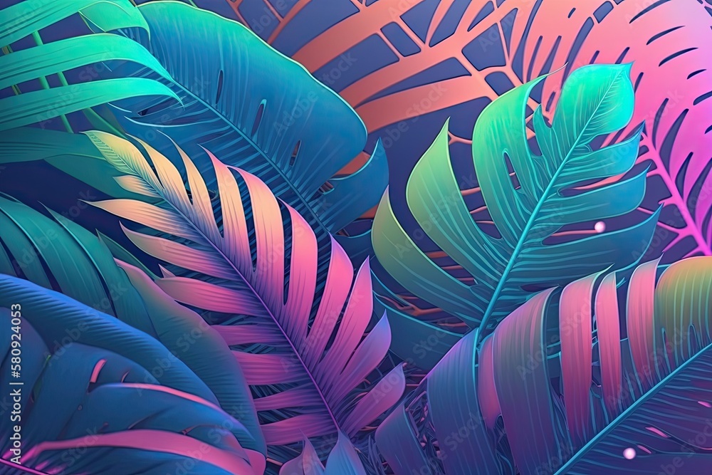 Tropical and palm foliage with dazzling holographic neon gradient colors. concept painting Backgroun