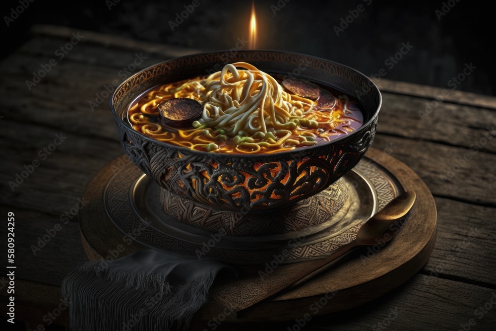 Thai food prepared in the north Thai Khao Soi, or curried noodle soup, is served in a bowl with an a