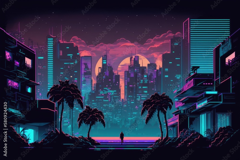 night in a cyberpunk city. composition of retro futuristic pixel art. Future urban landscape in the 