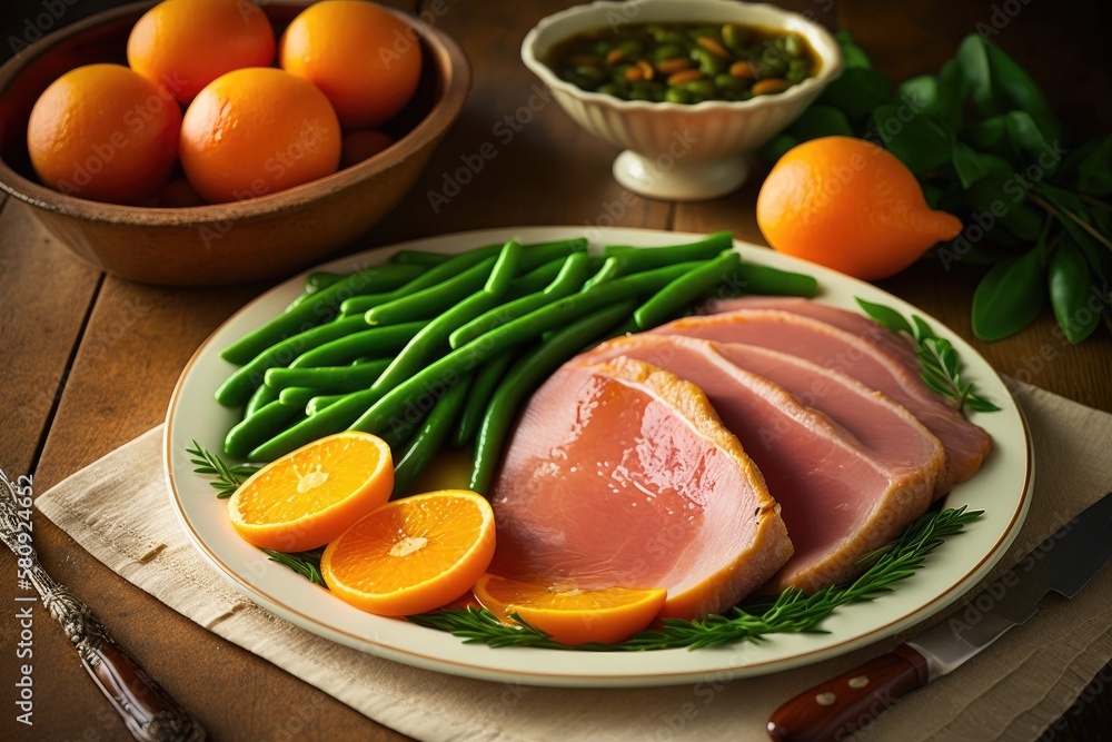 Platter of Easter baked ham, green beans, and oranges. Generative AI