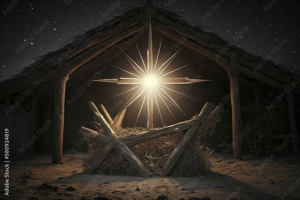 The star shines over the manger of christmas of Jesus Christ. Generative AI