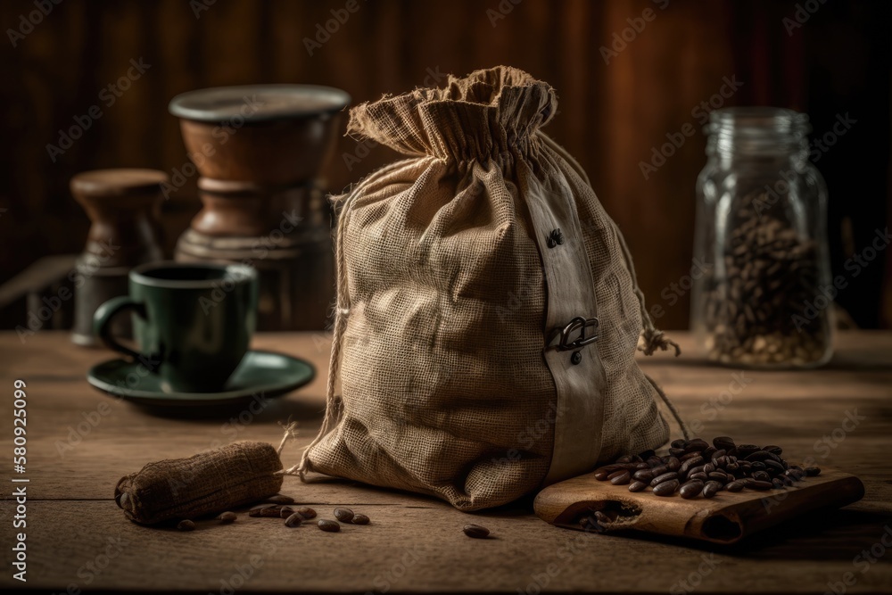 On the wooden kitchen table, there is ground coffee in a burlap bag. taking a break for coffee. Gene