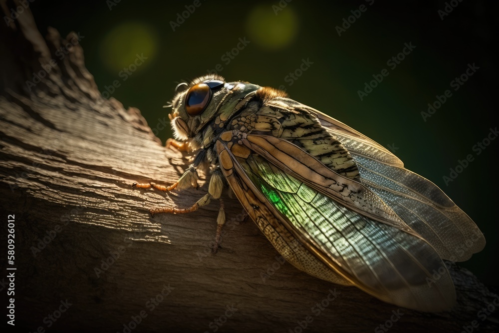 The sun shone on the wings of the cicada as it rested on a tree trunk. Light and green surroundings.