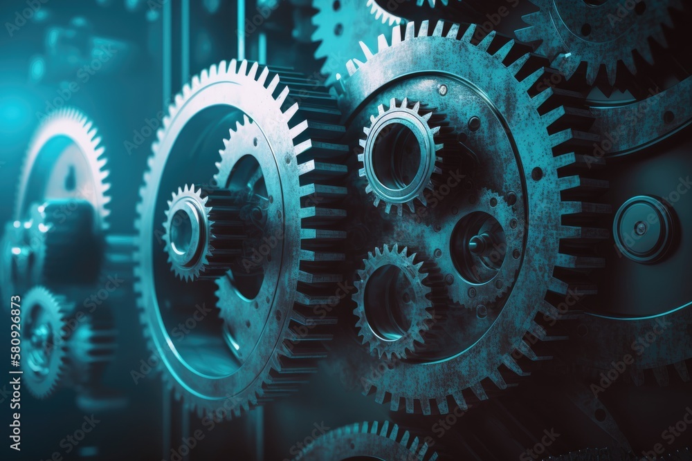 Gears in double exposure against a fuzzy background. Automation of business and industrial processes