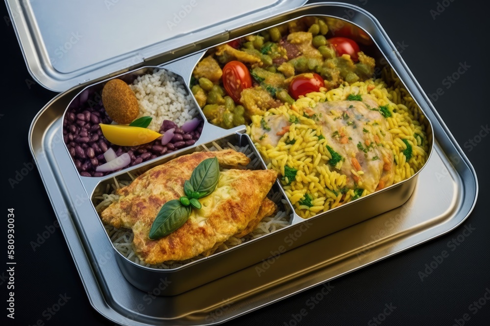 food shipping. Different aluminum lunchbox containing quinoa, paella, spelt, chicken salad, curry, a