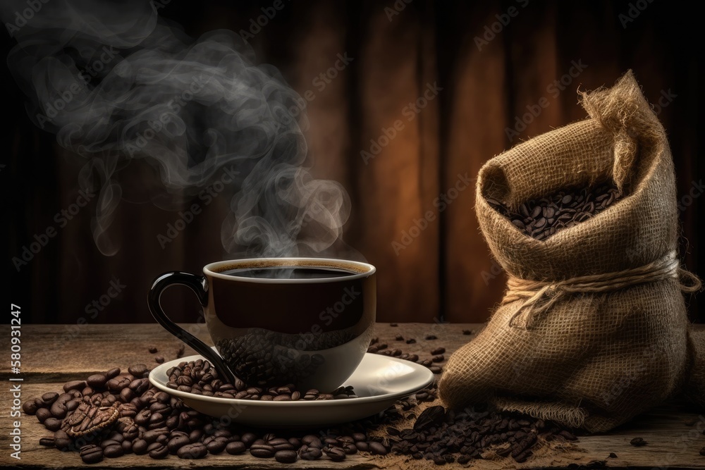 On a burlap sack on an aged wooden background, a cup of coffee with smoke and coffee beans is seen. 