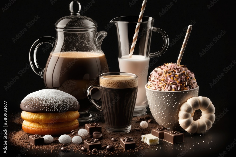 cup of coffee, donuts, macaroons, sugar, milk cream jug and cakes on black background look like coff