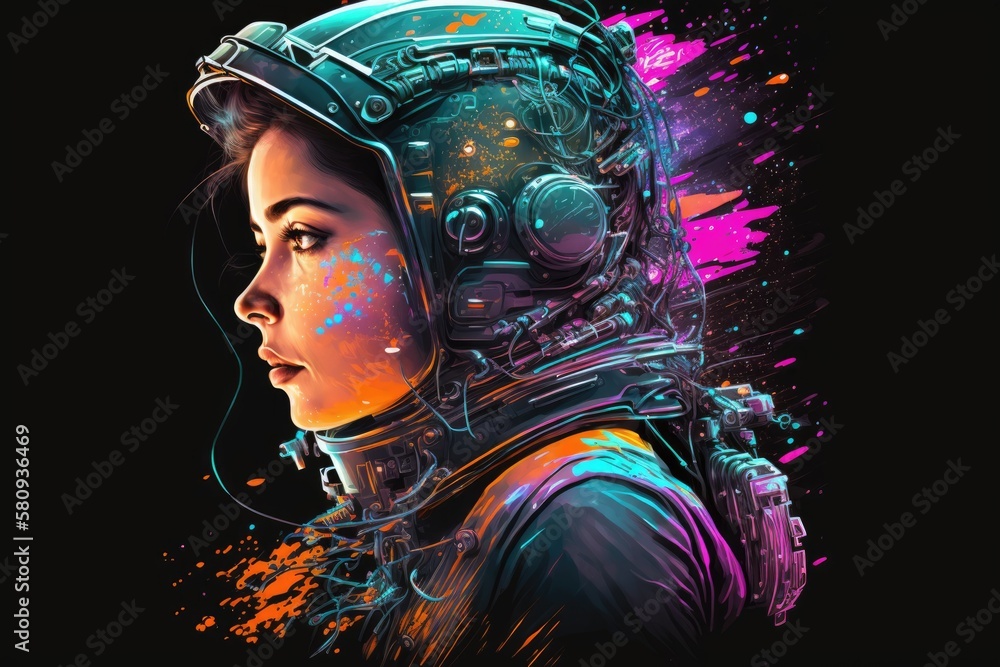 Cyberpunk astronaut female wearing a futuristic helmet illustration. Generative AI