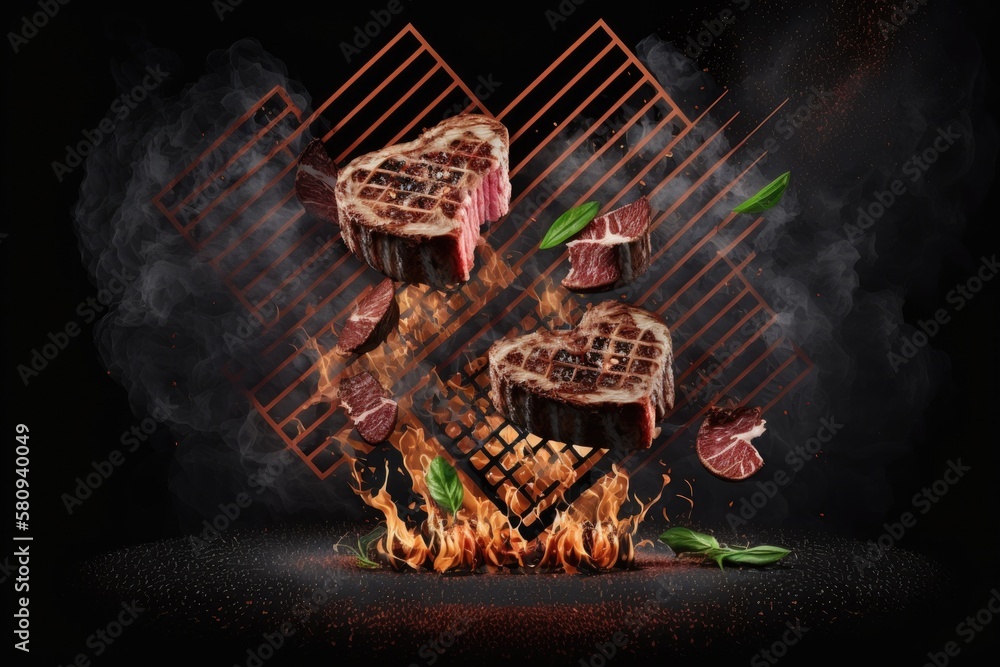 Flying raw beef steaks pieces above burning grill grid, isolated on black backround. Barbecue and gr