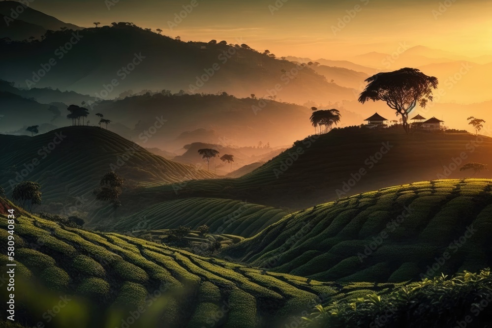 Tea plantation at sunrise in Malaysias Cameron Highlands. Generative AI