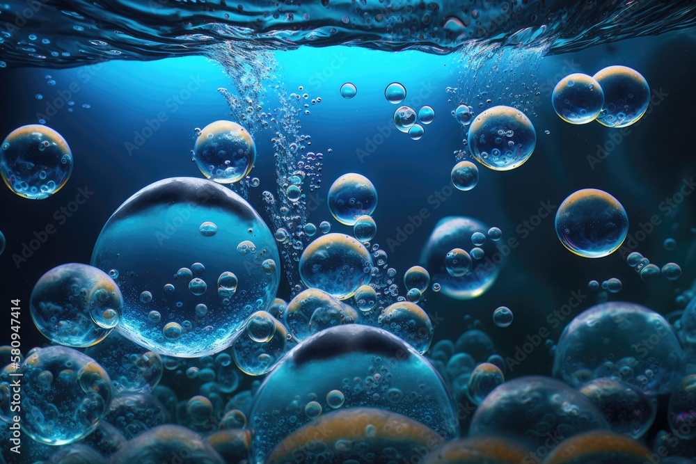 bubbles in blue water up close. Generative AI