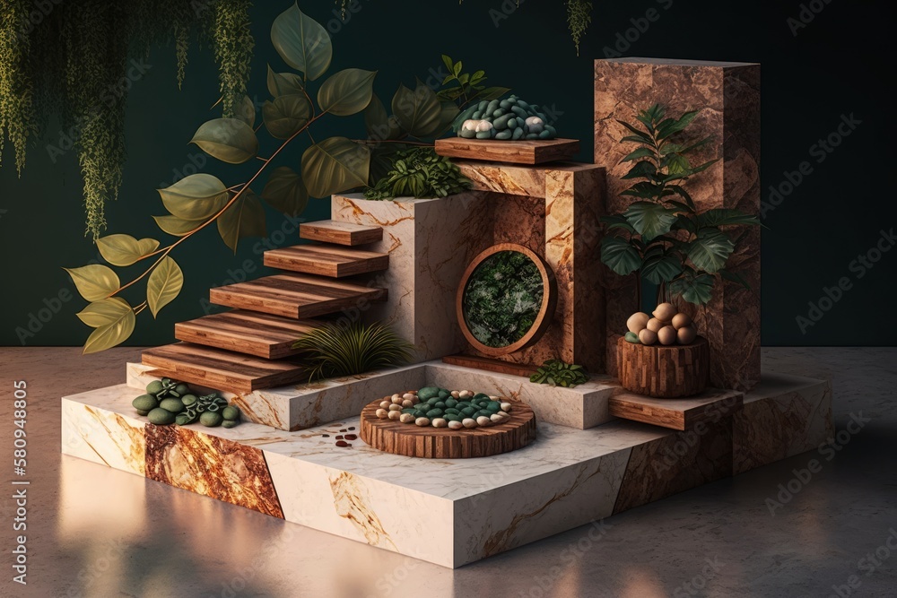 platform for displaying products made of brown stone with greenery. Generative AI