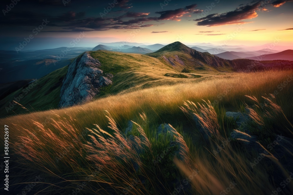 Grass at dusk on a mountain hill. lovely summer scenery. Generative AI