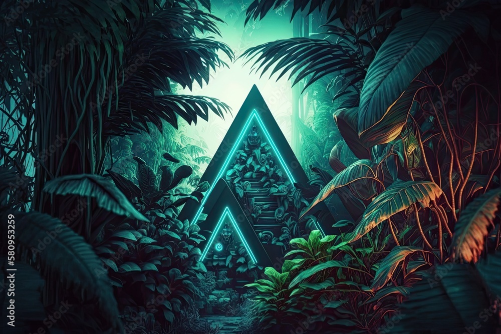 Triangle of green neon in a dense jungle. fantasy setting neon artwork notion of cyberpunk. Imaginat