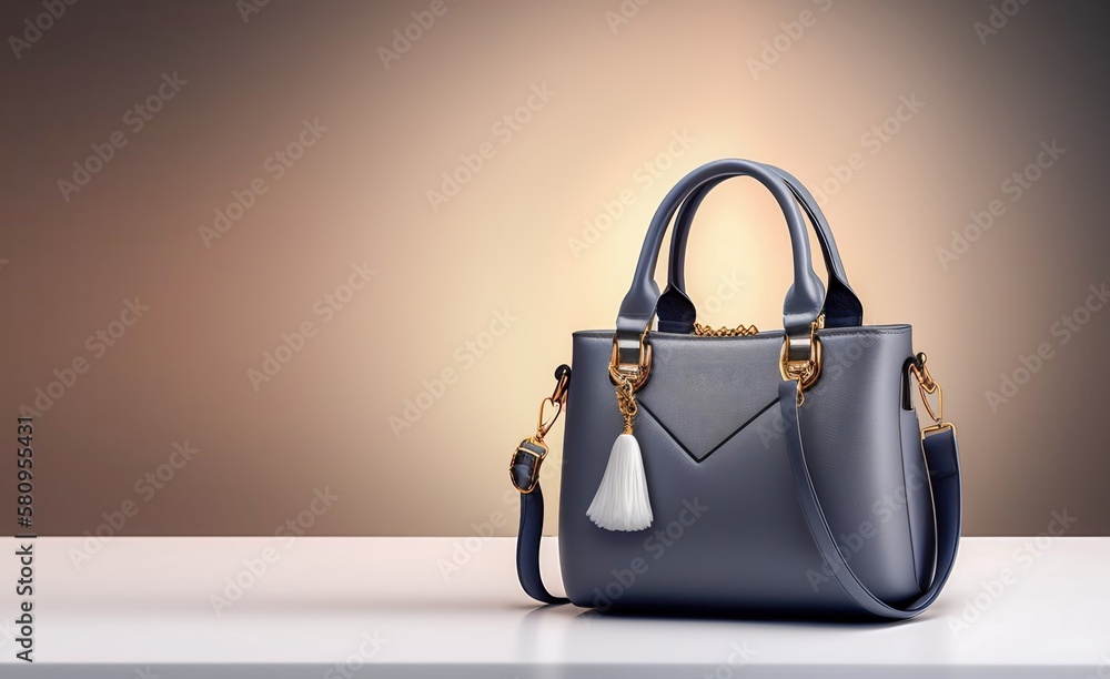 Beautiful trendy smooth youth womens handbag in black color on a light brown studio background. AI 