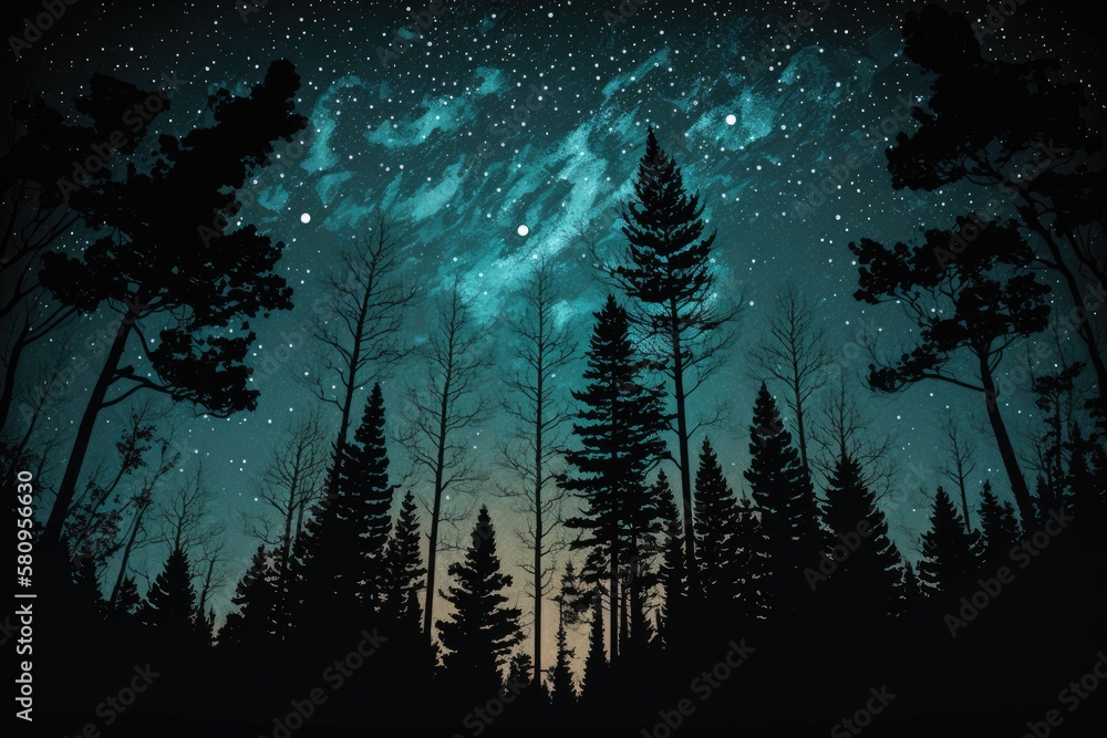 forest sky at night with stars and tree top silhouettes in the background. Generative AI