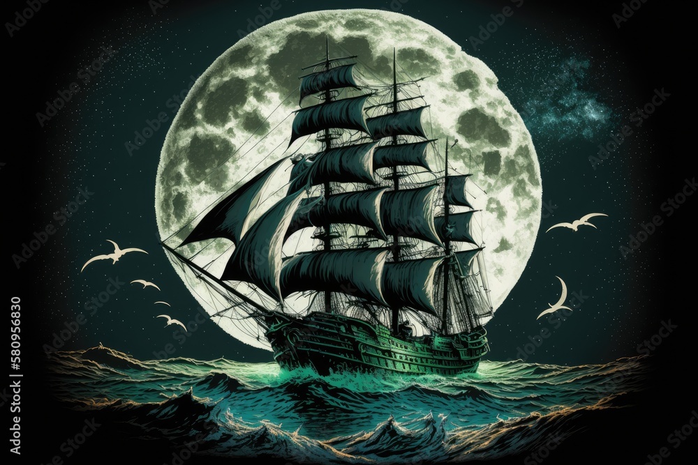 Full moon illustration of an antique ship at sea. Generative AI