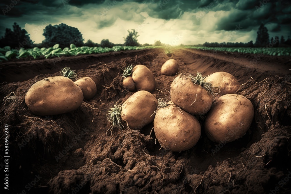 Fresh organic potatoes in the field,harvesting potatoes from soil. Generative AI