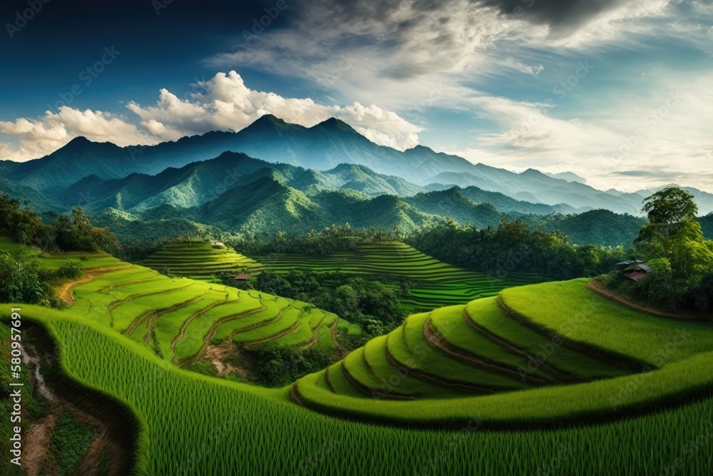 Panorama Green rice field with mountain background at Pa Pong Piang Terraces Chiang Mai, Thailand. G