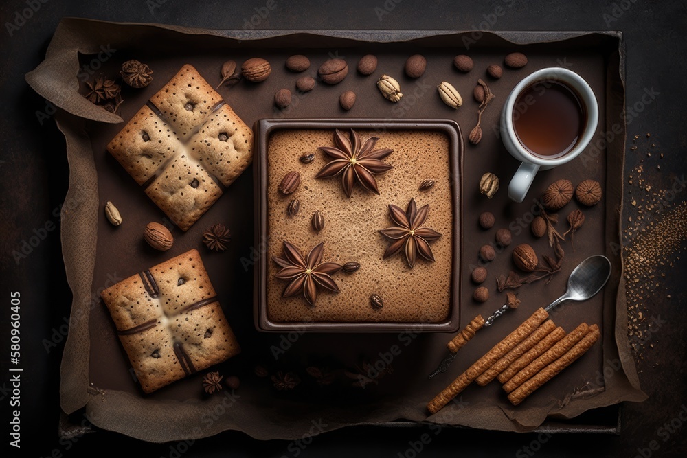 Coffee with ginger snaps. Square biscuit cookies with cinnamon, clove, and nuts in a rectangular sha