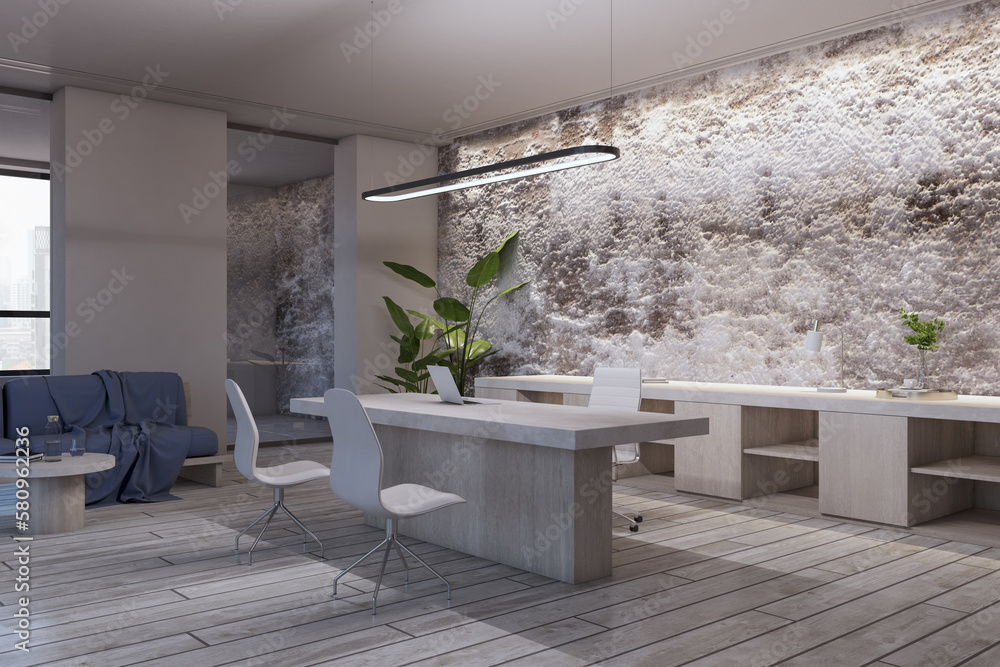 Contemporary office interior with furniture and equipment. 3D Rendering.