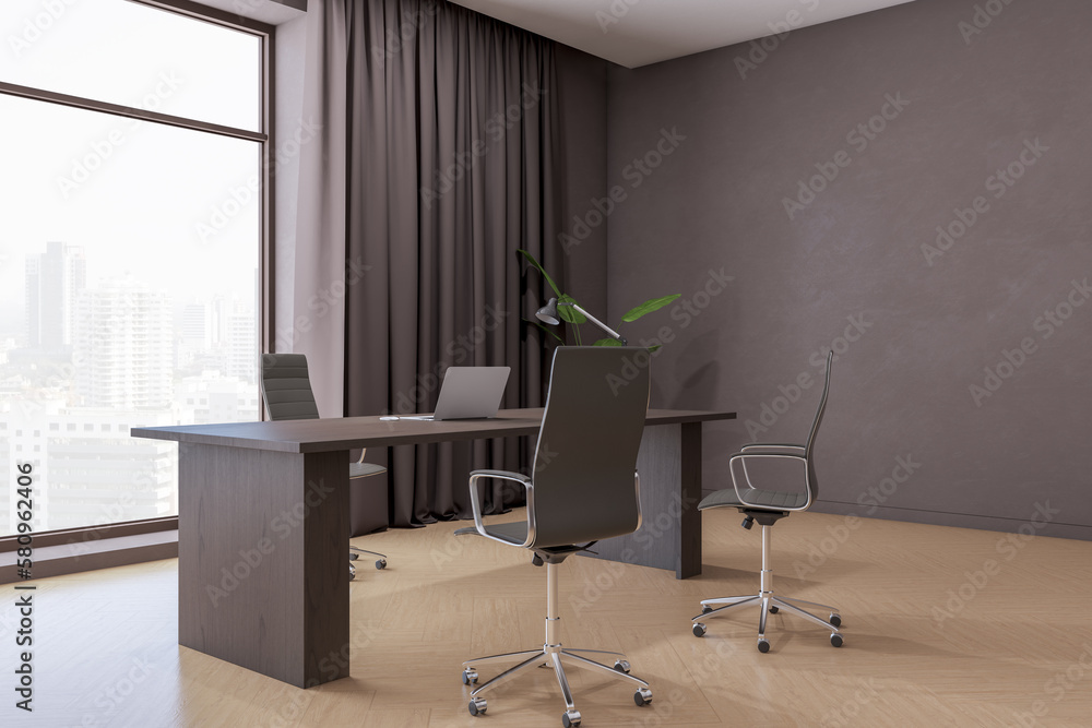 Luxury bright office interior with furniture and equipment, window with city view and curtain. 3D Re