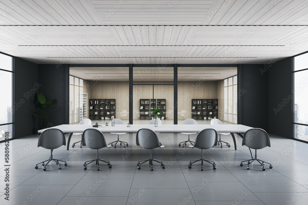 Front view on huge white conference table surrounded by wheel chairs on concrete floor in spacious m