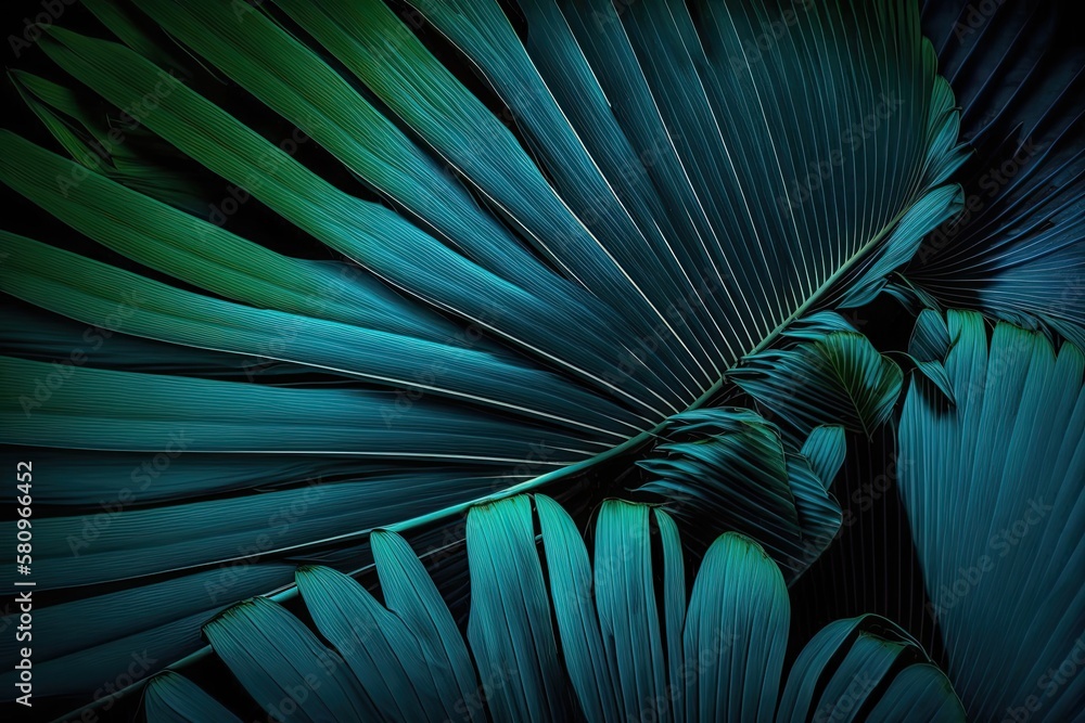 abstract blue backdrop, texture of a tropical palm leaf in a stripe, large, naturally occurring foli