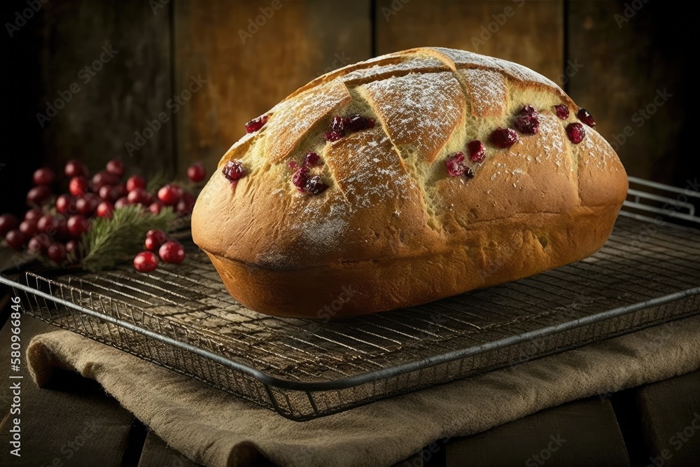 Bread loaf with cranberries on a cooling rack. Generative AI