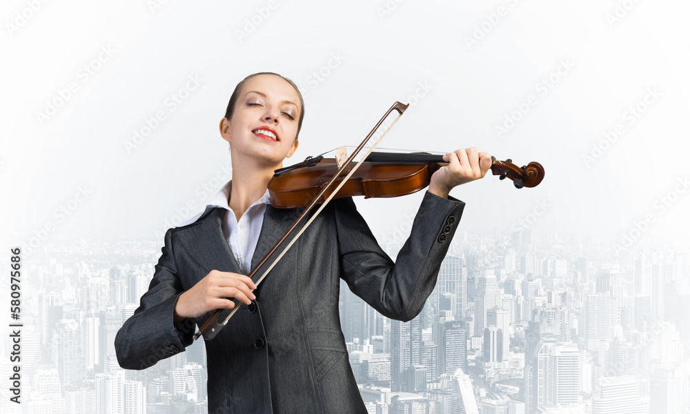 Young attractive business woman plays on skip