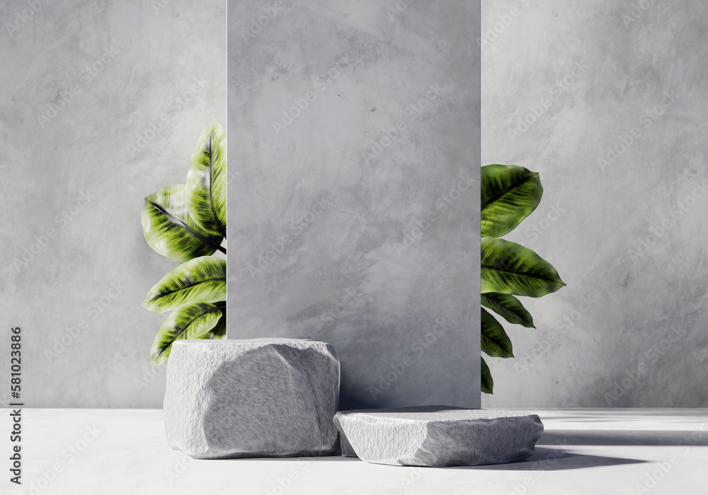 3D rendering stone platform podium with plant product presentation background