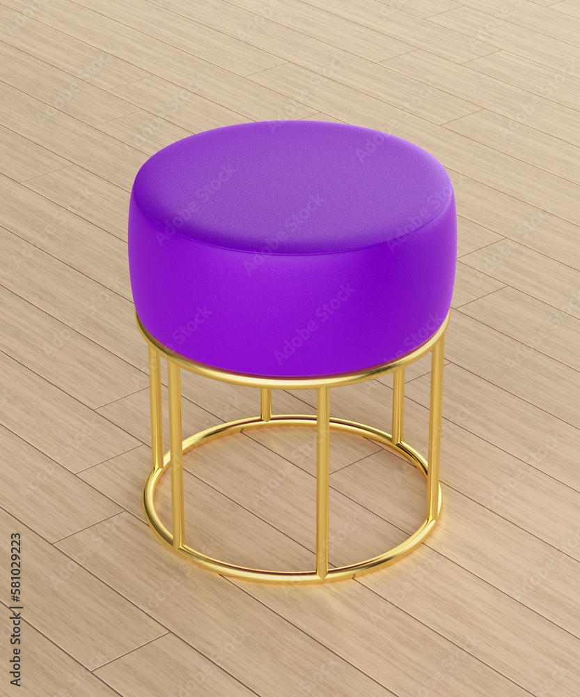 Purple leather stool with golden legs on wooden floor