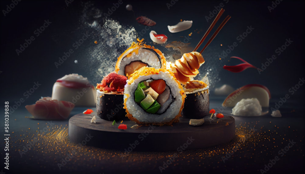 Fresh sushi roll close-up on dark background. Generative AI