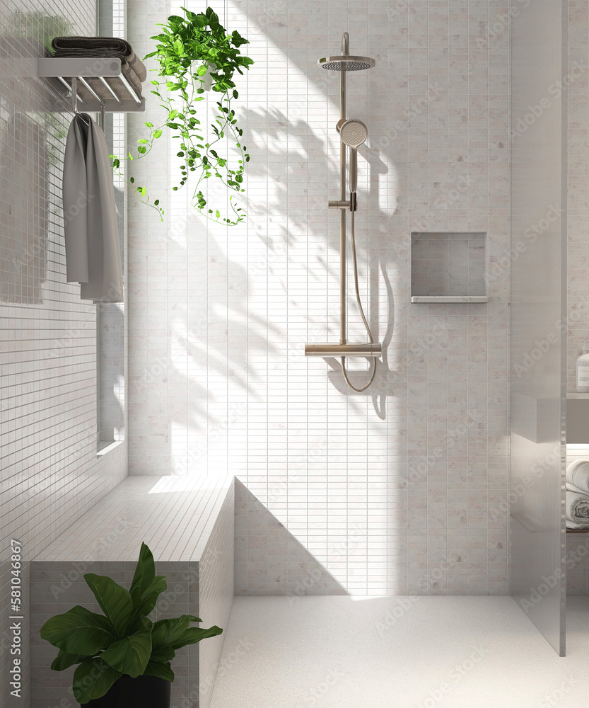 Shower bench in white tile wall modern luxury bathroom, reeded glass partition, recessed wall shelf,