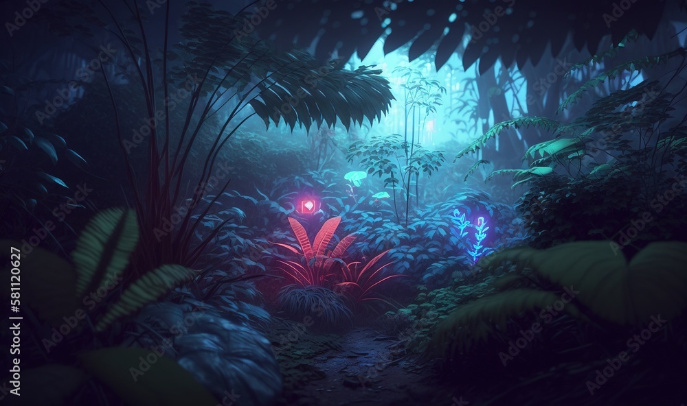  a dark forest filled with lots of green plants and plants with red lights in the middle of the fore