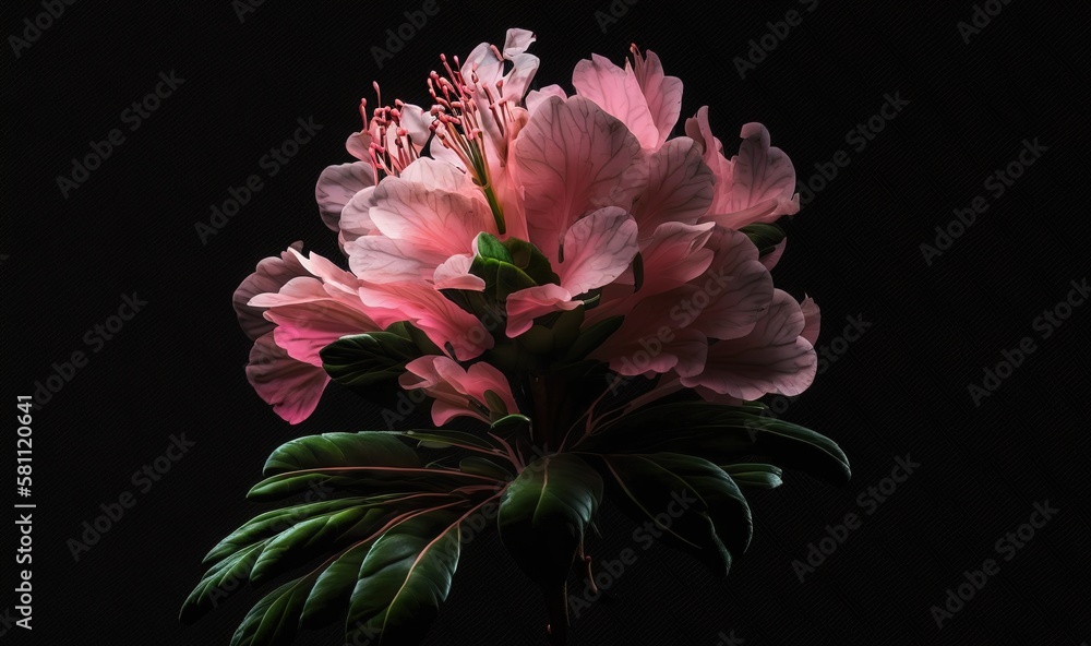  a pink flower with green leaves in a vase on a black background with a black background behind it a