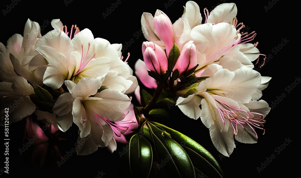  a close up of a bunch of flowers with leaves on a black background with a black background and a wh