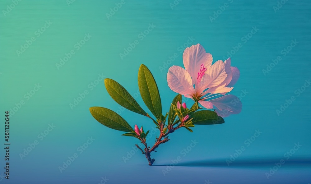  a single pink flower with green leaves on a blue background with a shadow on the ground and a blue 