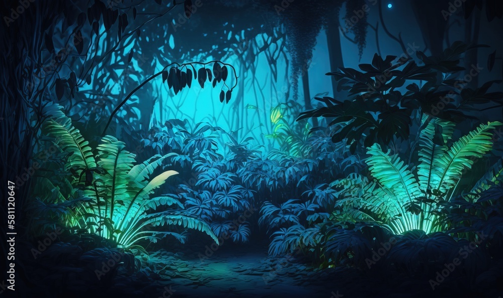  a painting of a jungle scene at night with a light shining on the trees and plants and plants growi