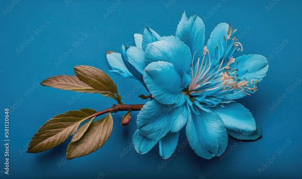  a blue flower with green leaves on a blue background with a green stem and a single flower on a ste