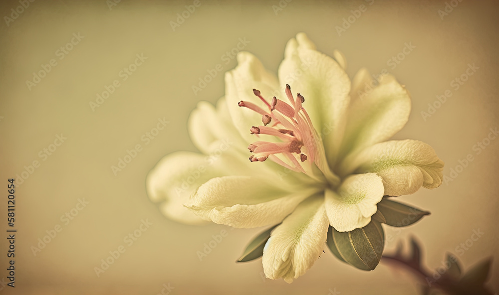  a close up of a flower on a stem with leaves on a brown background with a light green background an