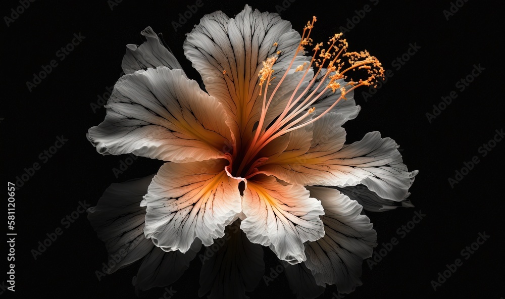  a white and orange flower on a black background with a reflection of the flower in the water and th