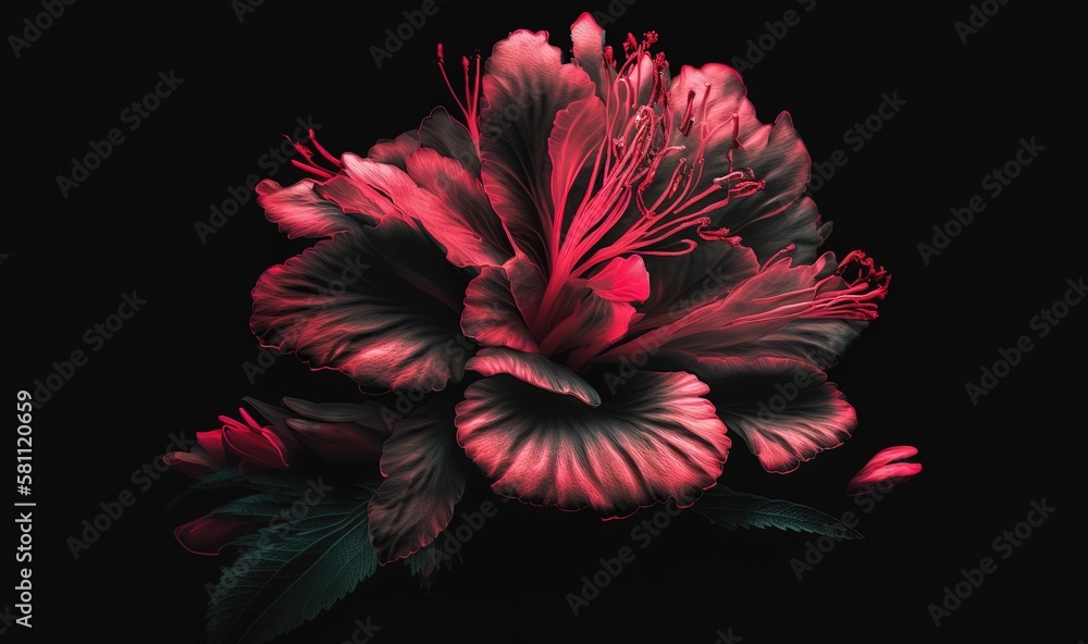  a red flower with green leaves on a black background with a black background and a black background