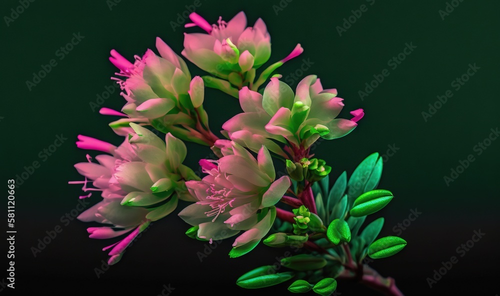  a close up of a flower on a branch with green leaves on a dark background with a green back ground 