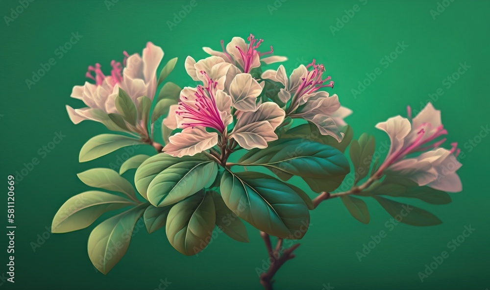  a painting of a branch with flowers on a green background with a pink center and green leaves on th