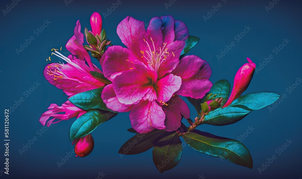  a pink flower with green leaves on a dark blue background with a blue sky in the back ground and a 