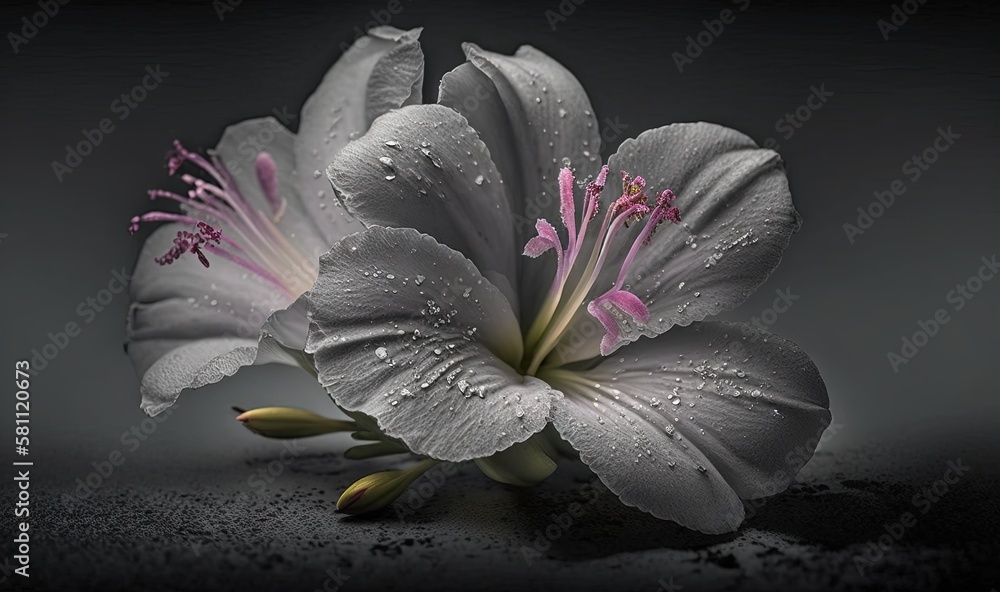  two white flowers with pink centers on a black background with water droplets on them and a dark ba