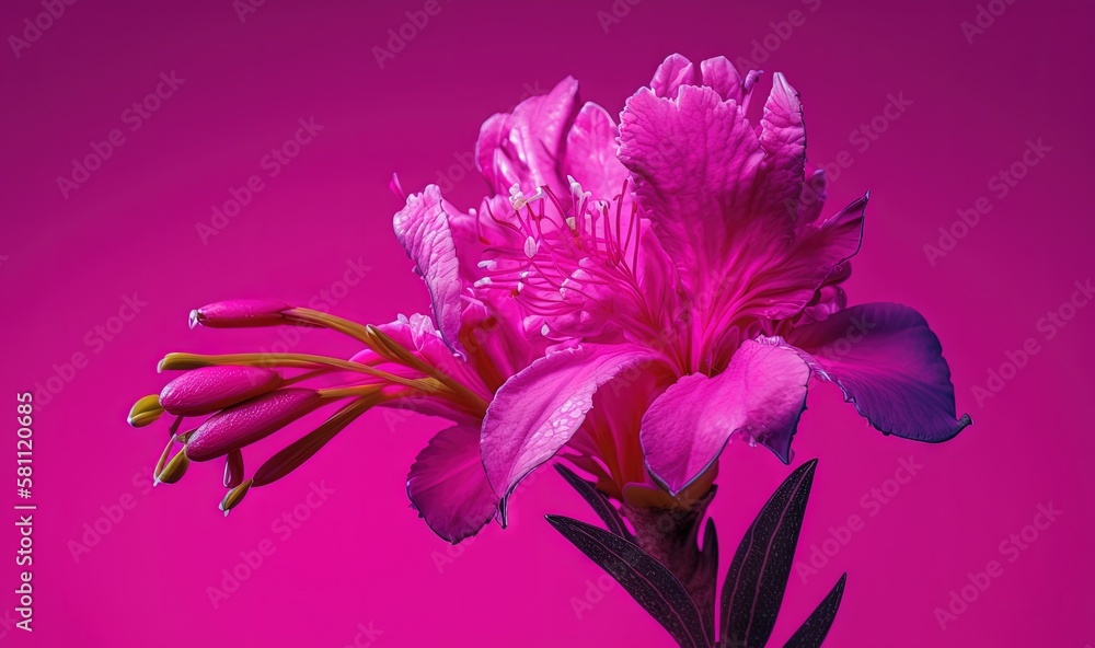  a pink flower is in a vase on a pink background with green leaves and stems in the foreground and a